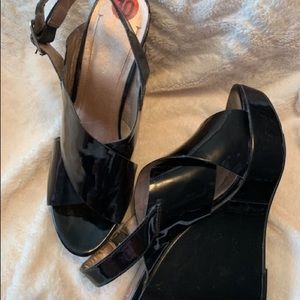 BCBG patent leather wedges